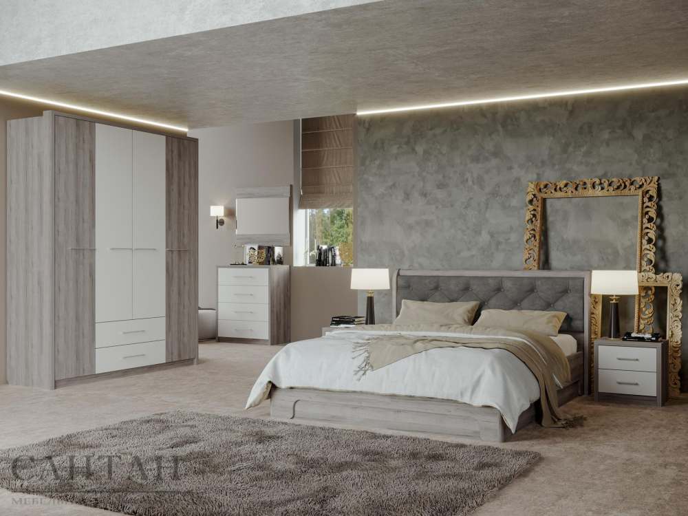 Спальня «Луна 1» Дуб серый/Жемчуг/Alpina 14