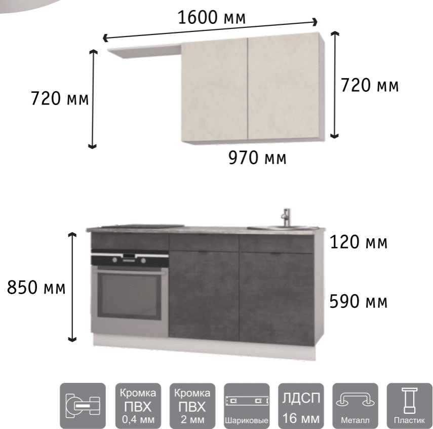 Кухня «LOFT 1600 Standart» Молокай/Камень темный размеры