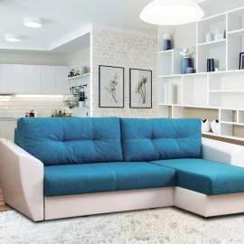 Диван-кровать угловой «София» Рогожка флис бирюза/кожзам белый