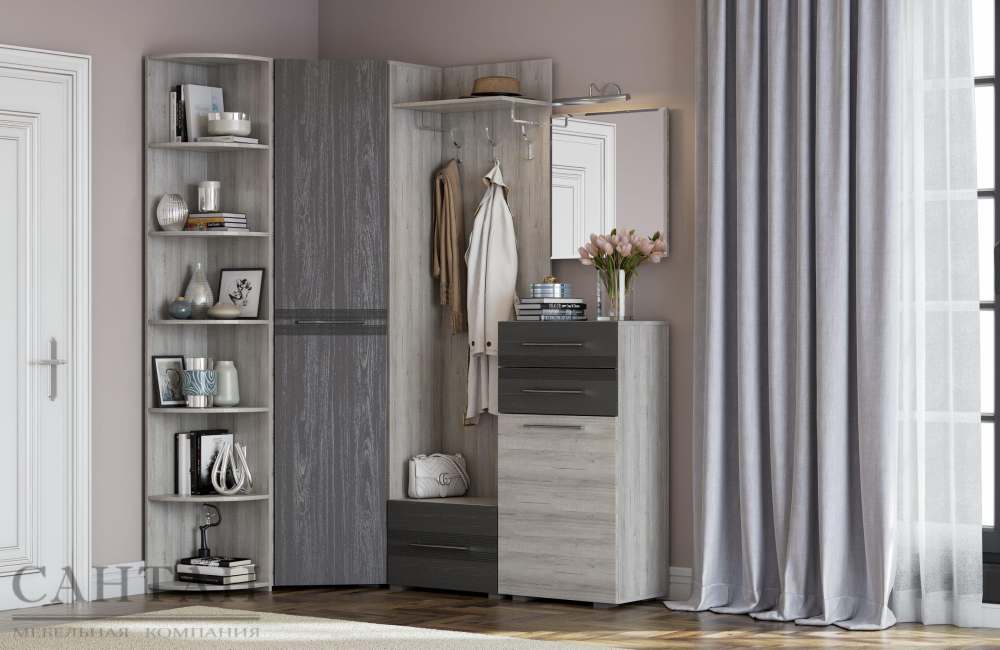 Прихожая угловая «Панна-Котта 5» Дуб серый/Айронвуд серебро