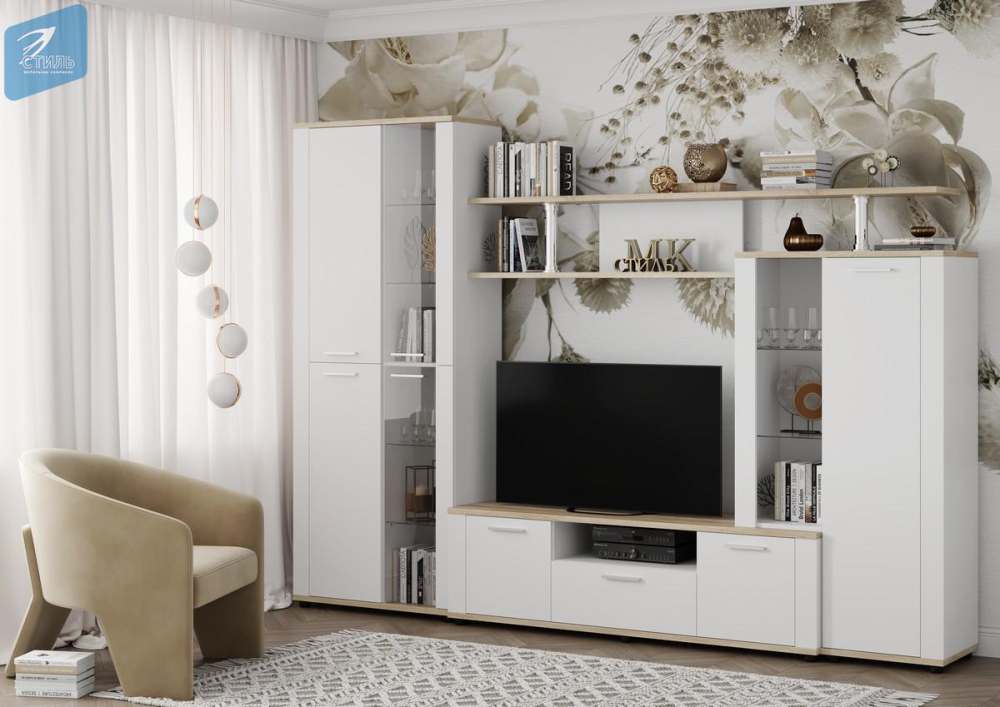 Стенка в гостиную «Соло-10А» Белый гладкий/Дуб Сонома светлый