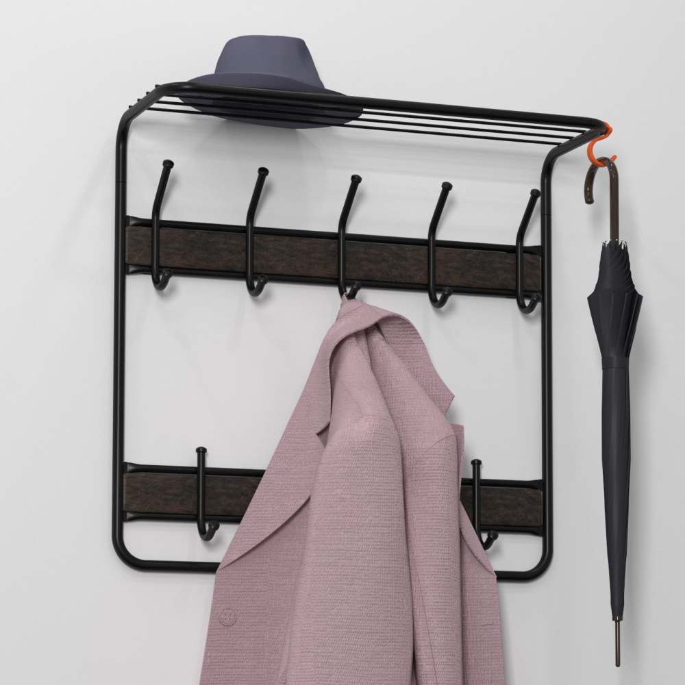 Вешалка с полкой 2х ярусная 22В (со вставкой кожи) Черный