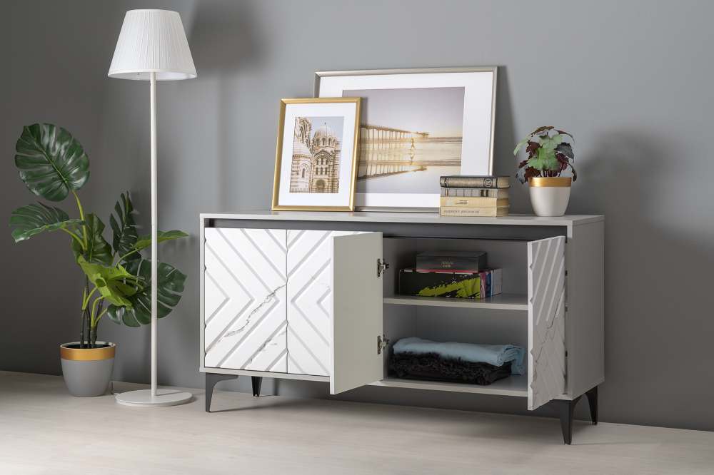 Тумба под ТВ 13.261.02 «Муар» Стальной Серый/Мрамор Белый софт