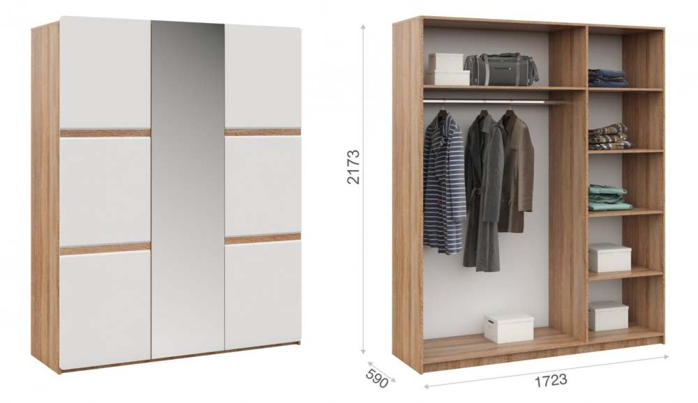 Шкаф 3-х дверный «Дакота» Дуб Сонома/МДФ Белый глянец