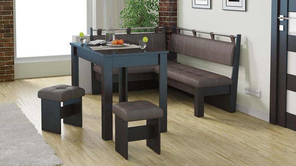 Кухонный уголок «Омега» (Каркас: Венге цаво; Кожзам: «Лён коричневый»)