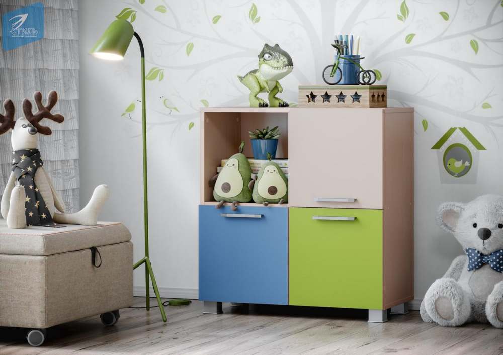 Стеллаж СЖ-053 «Лайк» Дуб молочный/Бежевый/Лайм/Синий