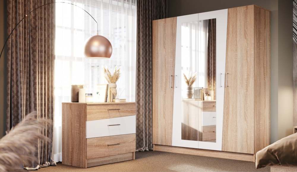 Шкаф 4-х дверный с зеркалами «Антария» Дуб сонома/Белый