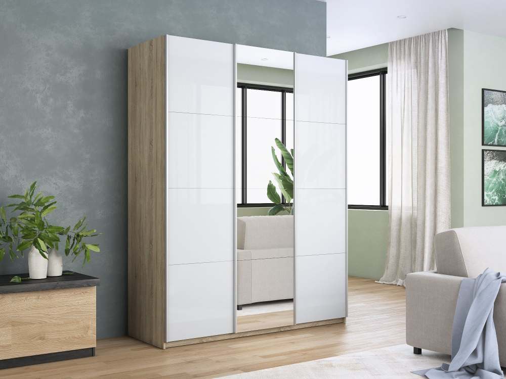 Шкаф-купе 3-х дверный «Прайм» Белое стекло/Зеркало/Белое стекло Сонома