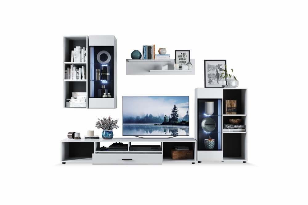 Гостиная с комодом «Йорк» Белый жемчуг/МДФ Белый глянец внутреннее наполнение