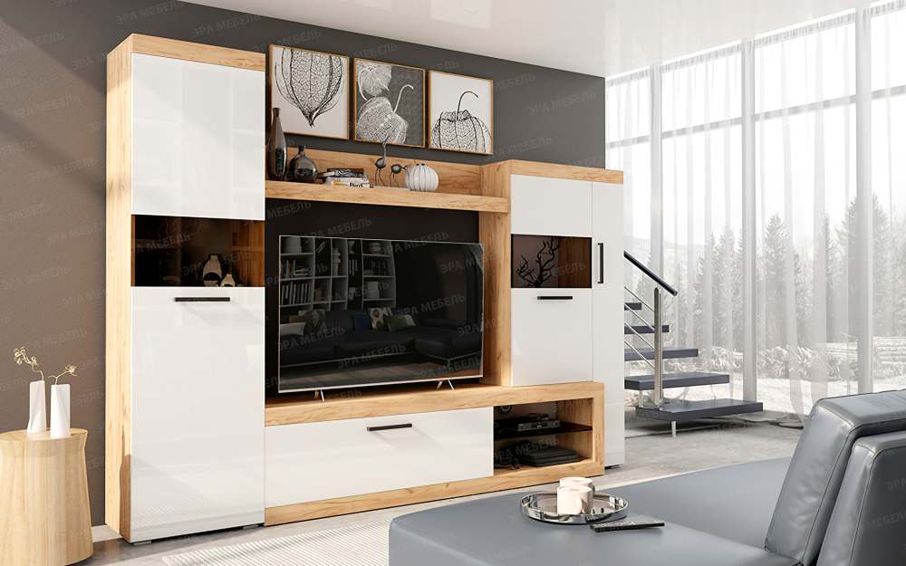 Гостиная «Бастон» Дуб вотан/Белый глянец