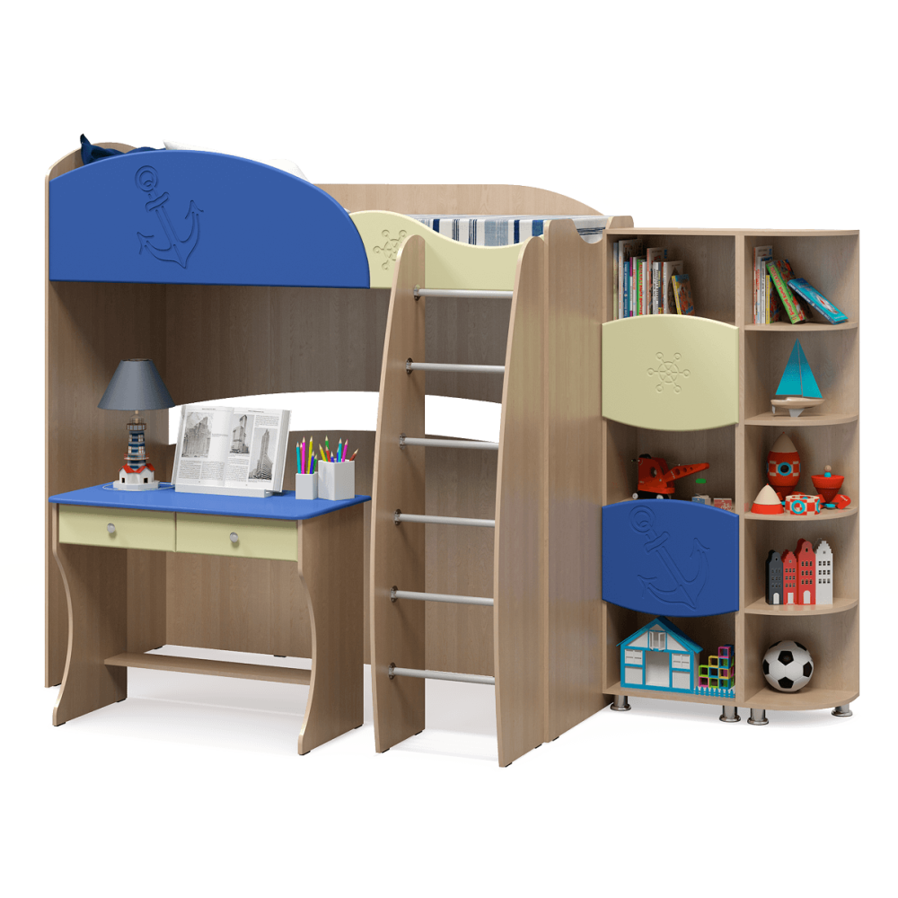 Кровать «Капитошка» ДК-12К Береза снежная/синий-ваниль