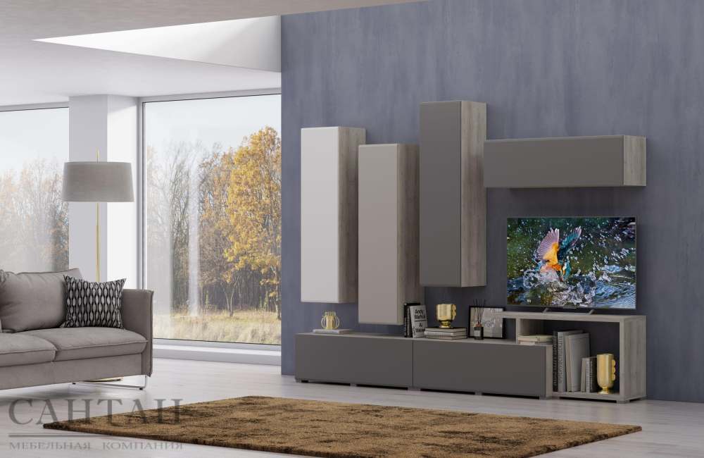 Гостиная «Уна Лофт 5» Дуб серый/Milk/Гляссе/Графит