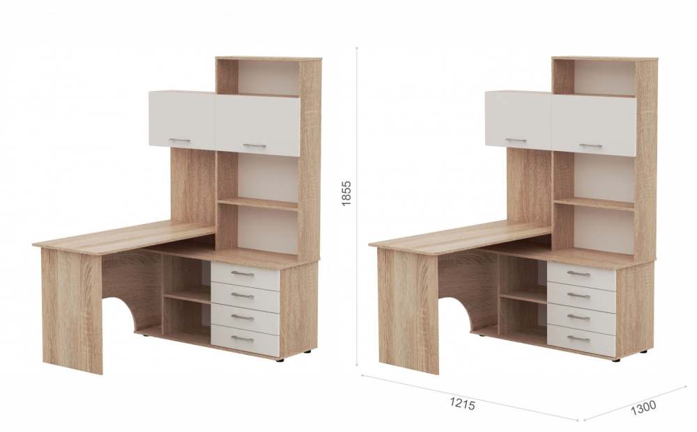 Стол угловой с надставкой правый «Гарвард» Дуб сонома/Белый размеры