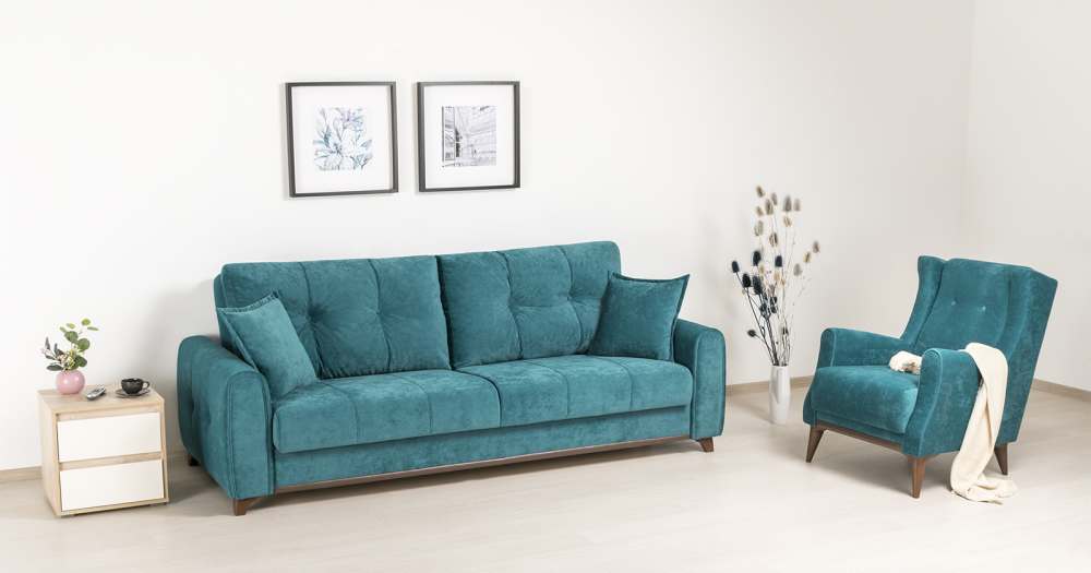 Диван-кровать и кресло «Плимут» ТД 376 Романс атлантик (атлантический зелёный)