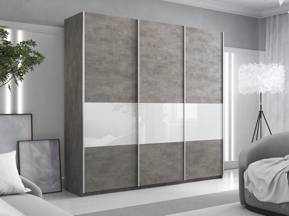 Шкаф-купе 3-х дверный широкий «Прайм» Бетон/Белое стекло