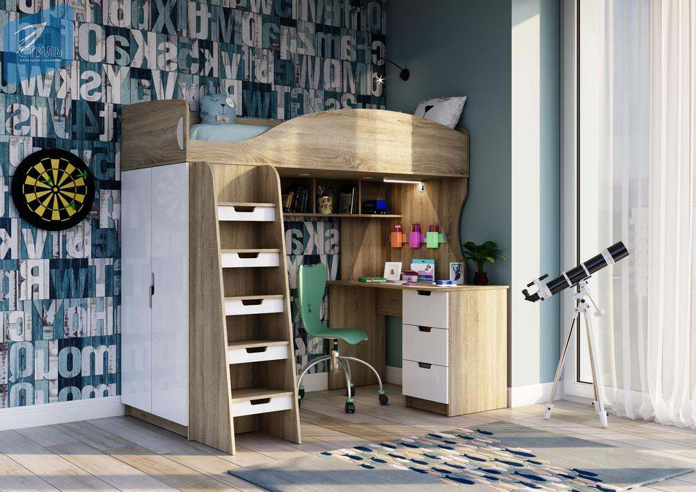Детская кровать-чердак КР-111 «Сэнди» Дуб сонома светлый/МДФ Белый глянец