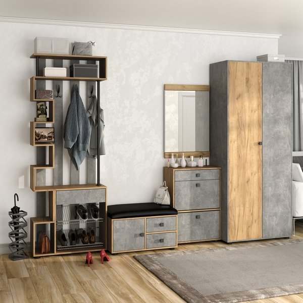 Модульная прихожая «Мини-Лайт» Дуб крафт золотой/Ателье светлое вариант 4