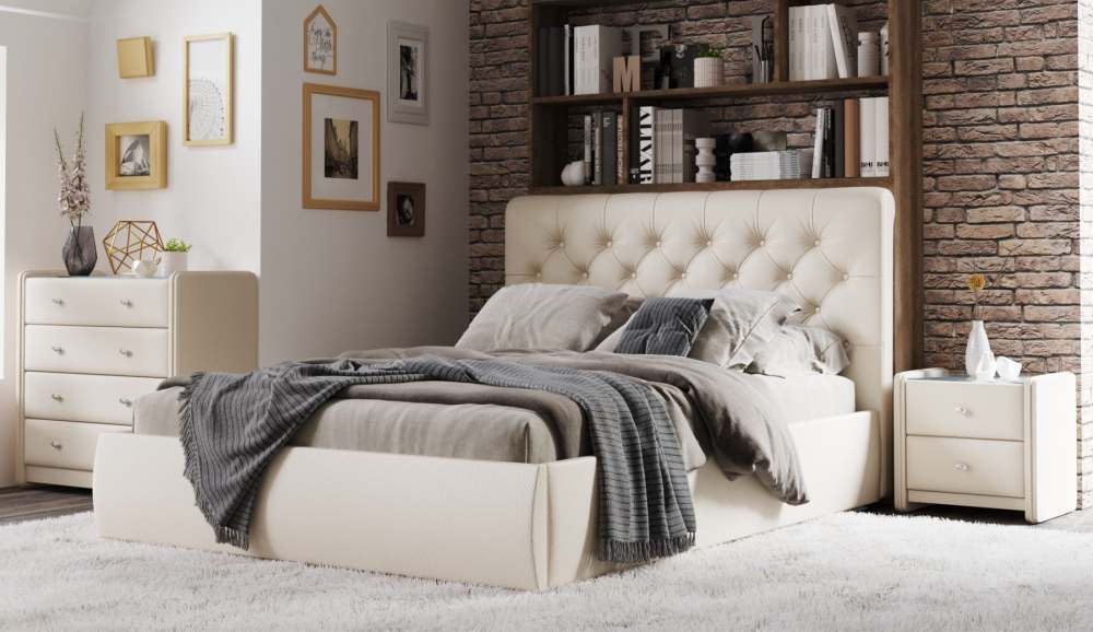 Мягкая кровать с подъемным механизмом «Беатриче» Экокожа Teos milk/Пуговицы