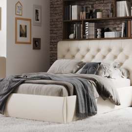 Мягкая кровать с подъемным механизмом «Беатриче» Экокожа Teos milk/Пуговицы