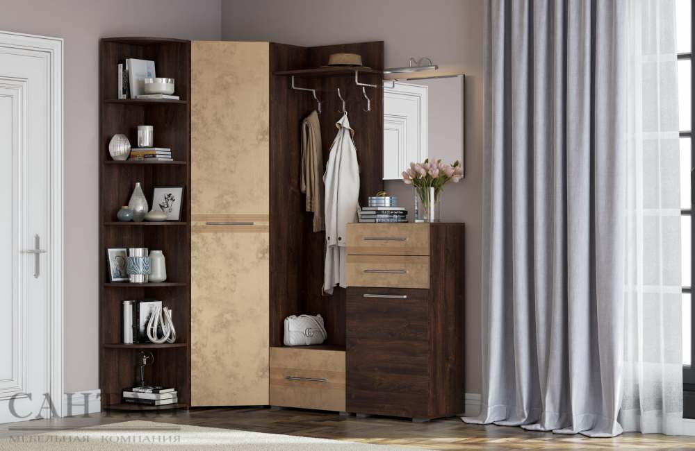 Прихожая угловая «Панна-Котта 5» Дуб апрель темный/Лофт голдэн пэлас