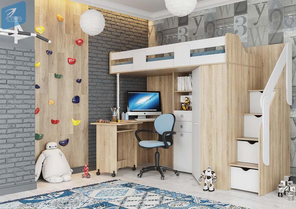 Кровать-чердак «Мийа-А» Дуб Сонома светлый/Белый Шагрень