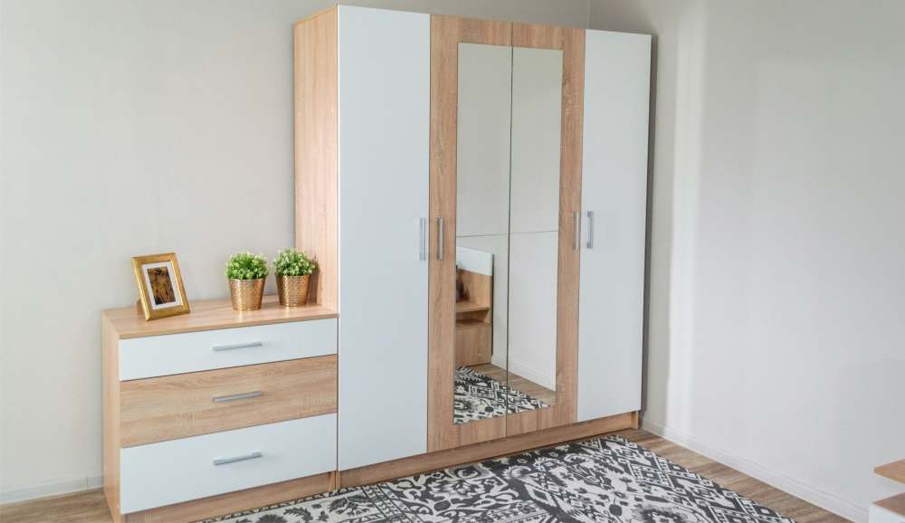 Модульная спальня «Алена» Дуб Сонома/Белый вариант 2 шкаф 4 двери