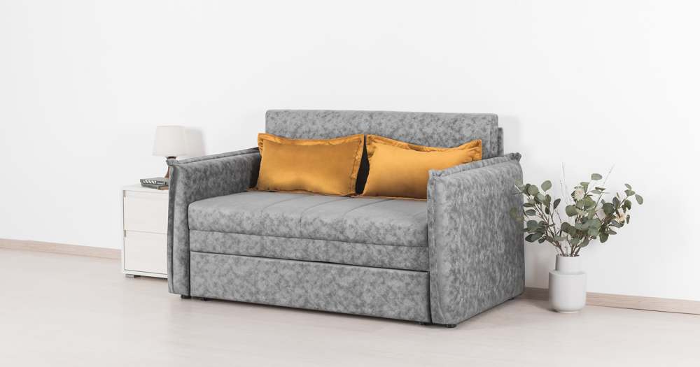 Диван-кровать «Виола 120» ТД 232 Аляска грей (серый)/Эвита умбер 109 (горчичный)