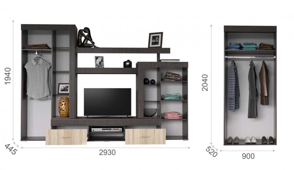 Стенка «Марк» Тик/Дуб Сонома размеры