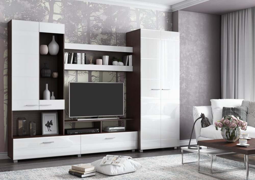 Стенка «Камила» Венге/МДФ Белый глянец