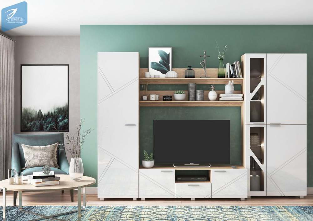 Стенка в гостиную «Манхетен» Дуб сонома светлый/МДФ Белый глянец