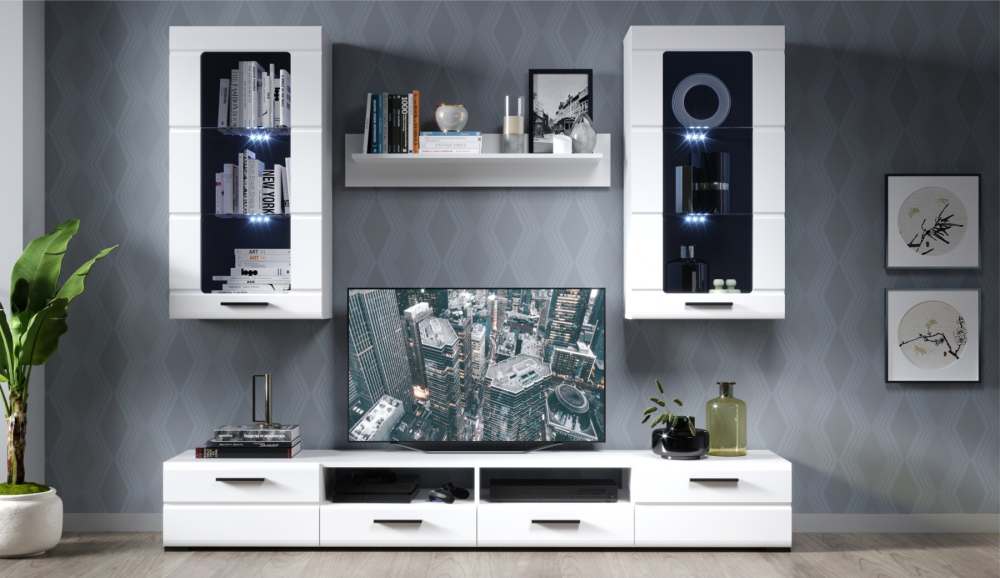 Стенка «Рио-2» Белый жемчуг/МДФ Белый глянец