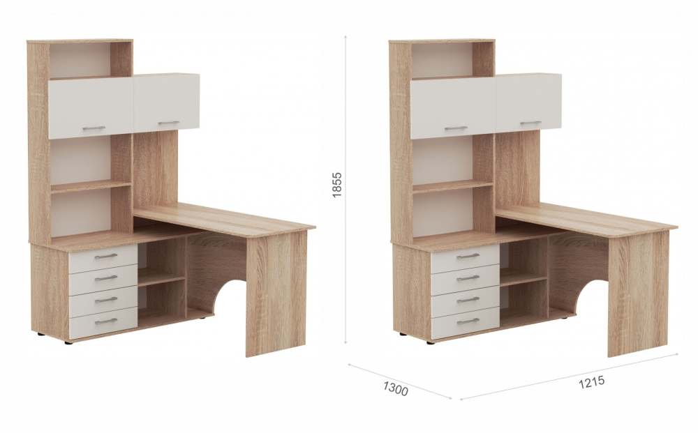 Стол угловой с надставкой левый «Гарвард» Дуб сонома/Белый размеры