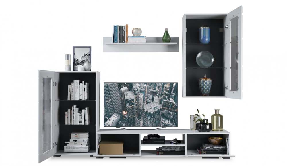 Стенка «Рио-1» Белый жемчуг/МДФ Белый глянец внутреннее наполнение