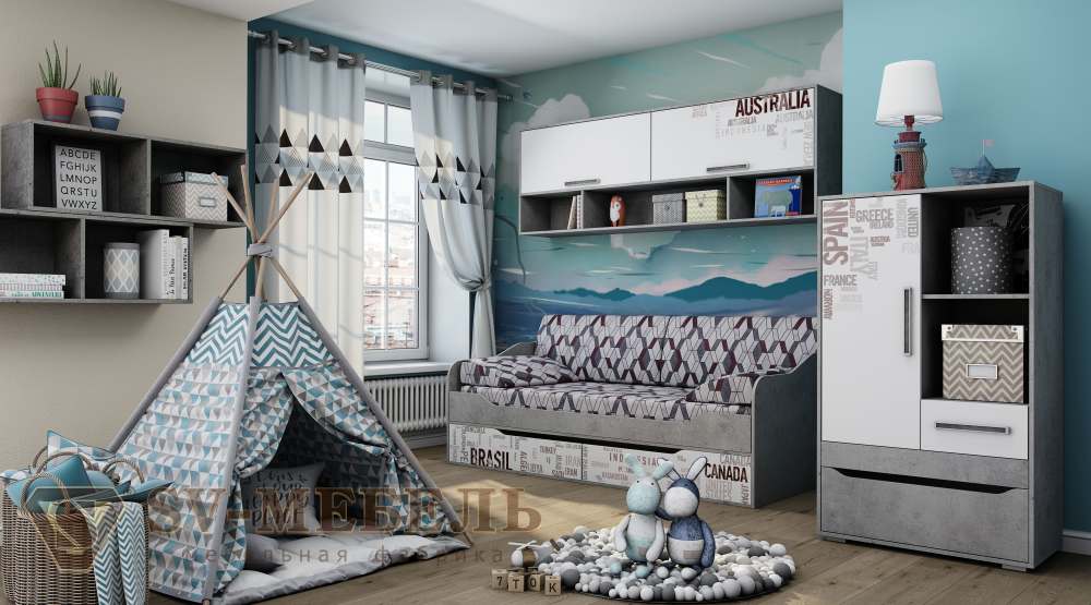 Модульная подростковая спальня «Грей» Цемент светлый/Белый (с фотопечатью) вариант 3