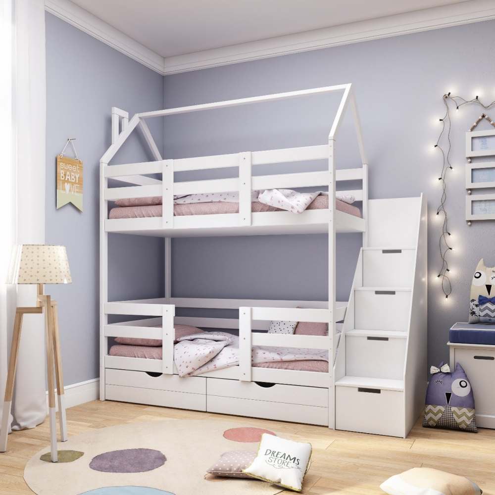 Кроватка-Домик «Классик» Двухъярусная 160х80 c лестницей-комодом Белая