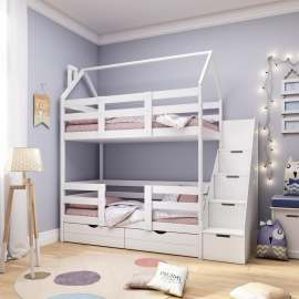 Кроватка-Домик «Классик» Двухъярусная 160х80 c лестницей-комодом Белая
