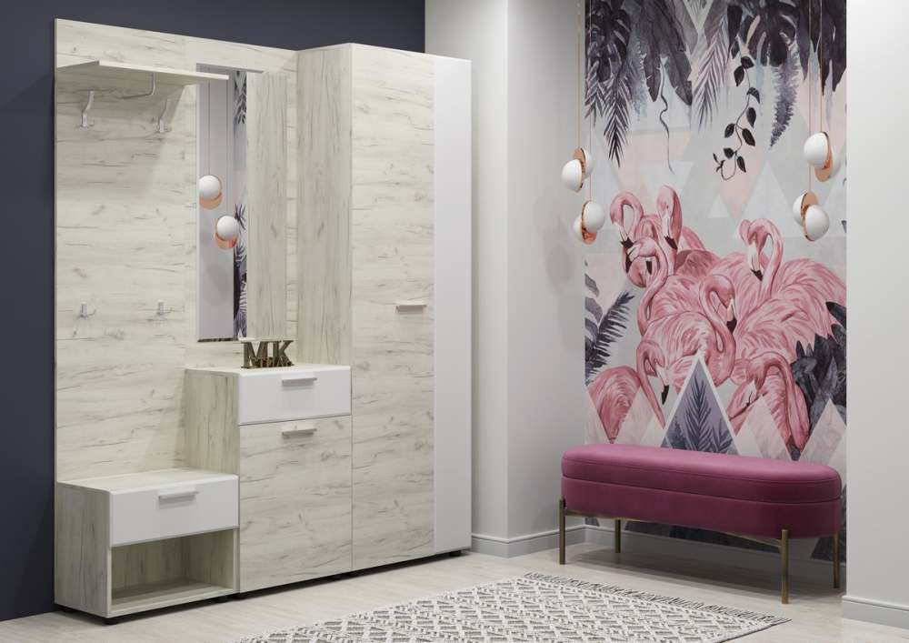 Модульная прихожая «Сафари» Дуб Крафт белый/МДФ Белый Софт матовый