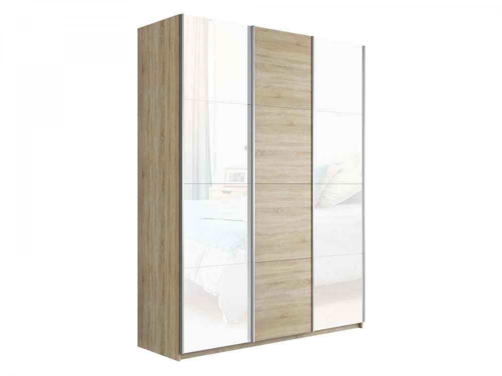 Шкаф-купе 3-х дверный «Прайм» Белое стекло/ДСП/Белое стекло Сонома